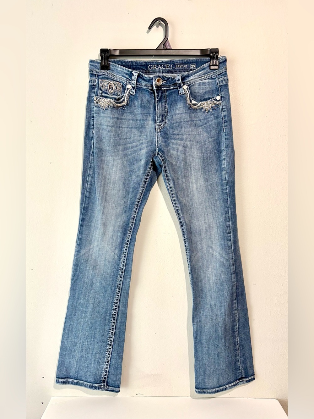 Grace in LA Jeans Womens 29 Blue Denim Embroidered Flap Pocket Bootcut-Leg